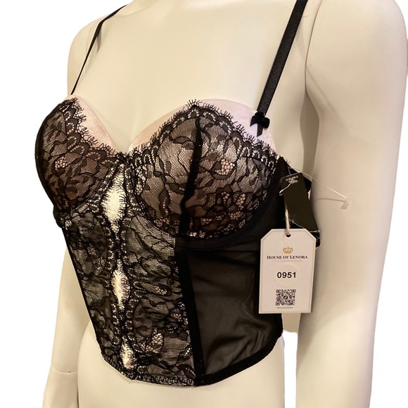 NWT DELICATES Black and Pink Lace Up Bustier, size 36B - Picture 2 of 12